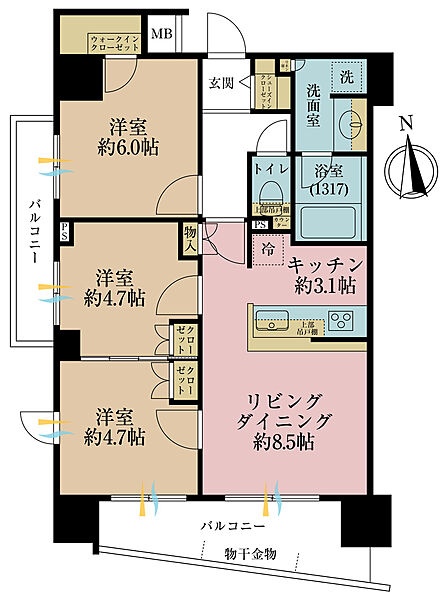 3ＬＤＫ、専有面積60．04平米、バルコニー面積12．07平米