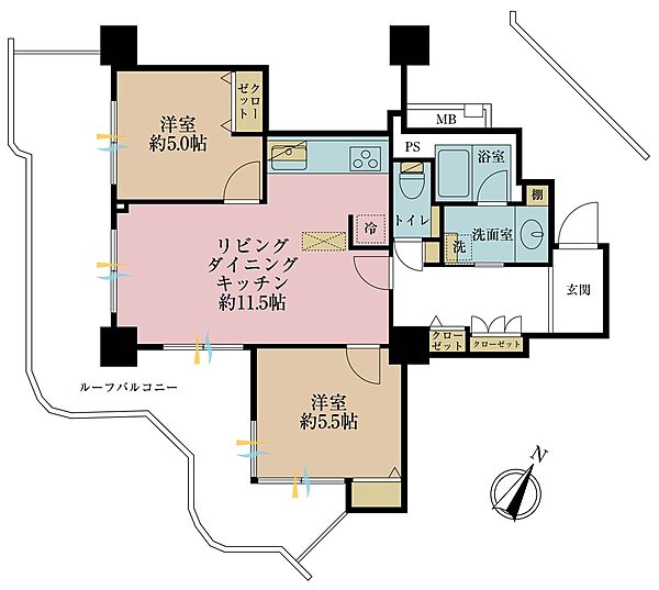 2ＬＤＫ、専有面積58．1平米、バルコニー面積18．48平米