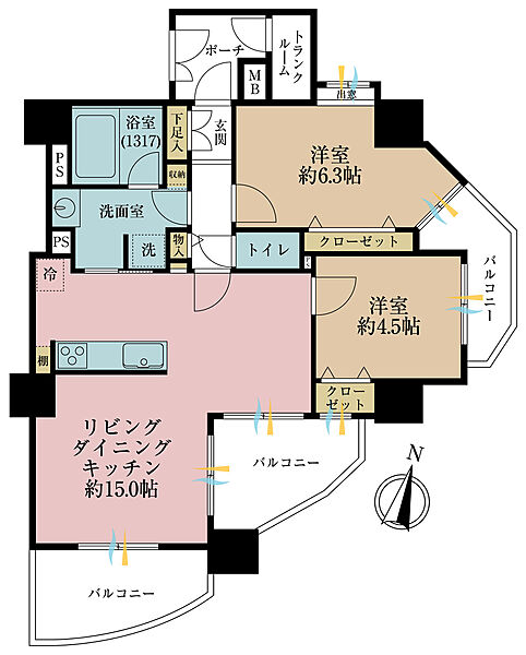 3ＬＤＫ、専有面積62平米、バルコニー面積15．49平米