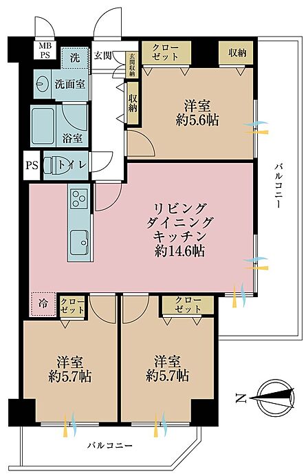 3LDK、専有面積69.63平米、バルコニー面積18.92平米