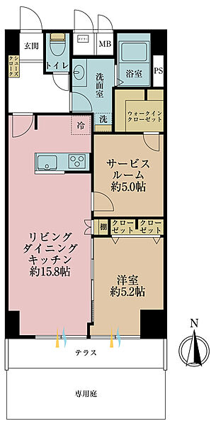 1ＳＬＤＫ、専有面積63．8平米、バルコニー面積6．32平米、専用庭面積32．06平米