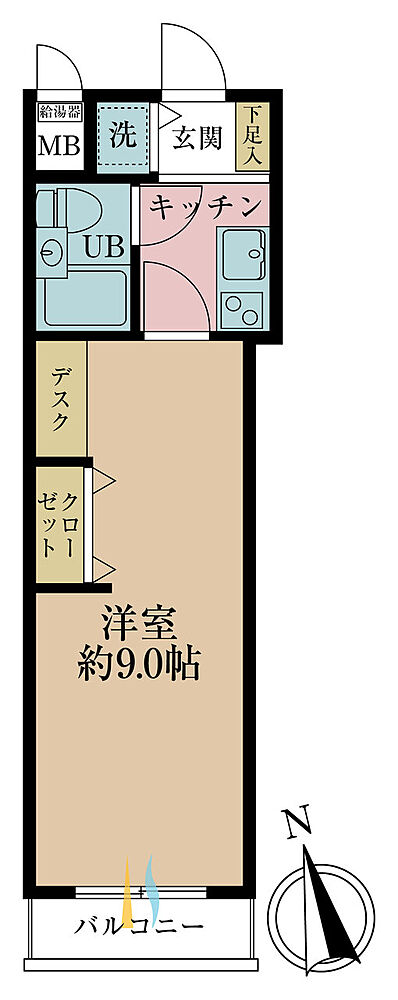 1K、専有面積25.31平米、バルコニー面積2.34平米
