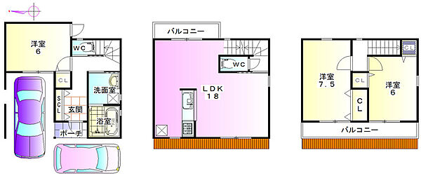 建物プラン例　建物価格2080万円(込)建物面積約99.63平米　合計3380万円(込)　※1F建物面積に玄関ポーチ・ガレージ部分約11.34m2含む※建築確認申請費用90万円・外構費30万円別途要