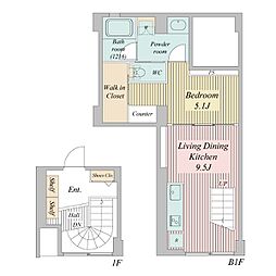 JR山手線 目黒駅 徒歩10分の賃貸マンション 1階1LDKの間取り