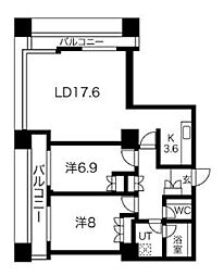グランパークハイツ 17階2LDKの間取り