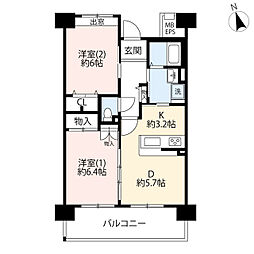 UR都市機構ひばりが丘パークヒルズ6-8号棟 2DKの間取図画像