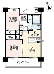 UR都市機構ひばりが丘パークヒルズ6-9号棟 2DKの間取図画像
