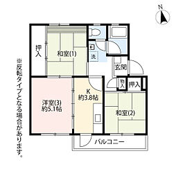 UR都市機構立川若葉町団地2号棟 3Kの間取図画像