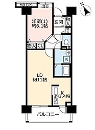 UR都市機構ライフタウン国領1号棟 1LDKの間取図画像
