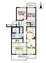 UR都市機構霧が丘グリーンタウン22-2号棟 3DKの間取図画像