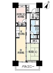 UR都市機構ビューコート小港9号棟 2DKの間取図画像