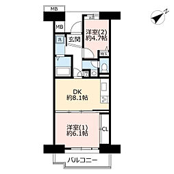 UR都市機構プラザシティ相模大野9号棟 2DKの間取図画像