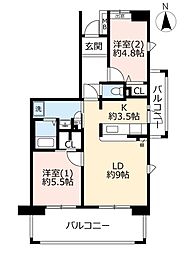 UR都市機構コンフォールさがみ南9号棟 2LDKの間取図画像