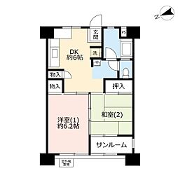 UR都市機構磯子三丁目団地1号棟 2DKの間取図画像