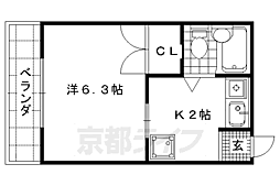 JR山陰本線 円町駅 徒歩7分の賃貸マンション 2階1Kの間取り
