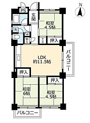 UR都市機構高座台団地104号棟 3LDKの間取図画像