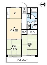 UR尾上 13階2DKの間取り