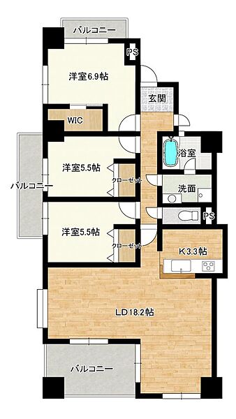 最上階14階3面バルコニー角部屋！86.18ｍ2の広々3LDK♪