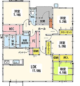 間取り:WICとFCL付きの4LDK!家事がはかどる水回り集中設計♪ 間取り:WICとFCL付きの4LDK!家事がはかどる水回り集中設計♪
