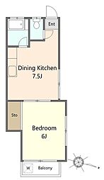 ハニービーフラッツ 2階1DKの間取り