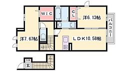 エスポワールひかりが丘　B 2階2LDKの間取り
