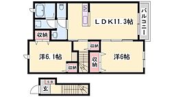神鉄粟生線 葉多駅 徒歩12分の賃貸アパート 2階2LDKの間取り