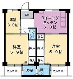 ビレッジハウス書写台2号棟 3DKの間取図画像