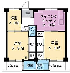 ビレッジハウス書写台4号棟 3DKの間取図画像