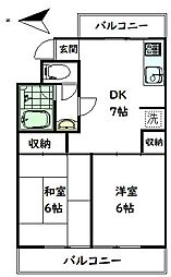 ヒルトップマンション石原 1階2DKの間取り