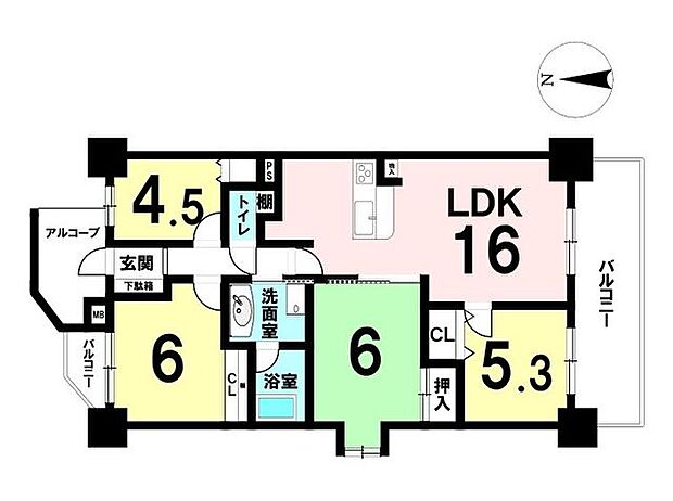 4LDKの間取りです。LDK広々16帖で家族の団らんにぴったりです。南側5.3帖洋室はリモートや書斎などに使えそうです。キッチン横の和室はお子様のお昼寝・遊び場にも便利です♪
