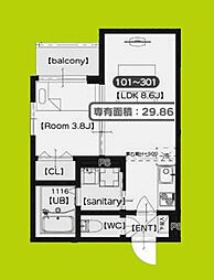 SAKURA RIVER 3階1LDKの間取り