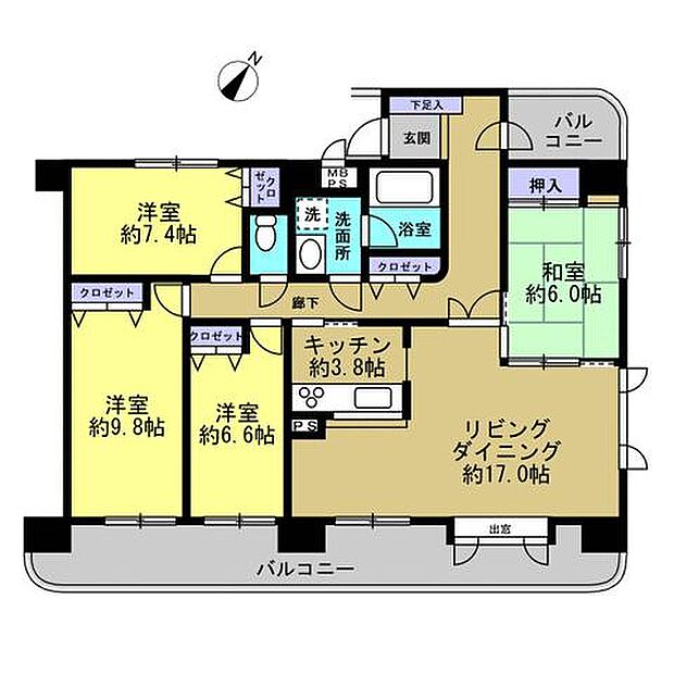 【間取図】洋室3部屋、和室1部屋の4LDK。所在階12階の為、眺望良好。壁芯100平米越えのゆとりある住宅です。