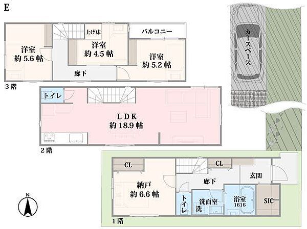 約18.9帖のLDKを中心に、3階に3居室、1階に6.6帖のサービスルームを確保した3LDK+S+車庫プランです。建物プランや仕様設備については施工会社にて建物説明会をご案内します。
