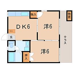 JR草津線 手原駅 徒歩28分の賃貸アパート 1階2DKの間取り