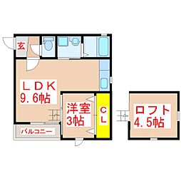 フェリスジャルディーノ 2階1LDKの間取り