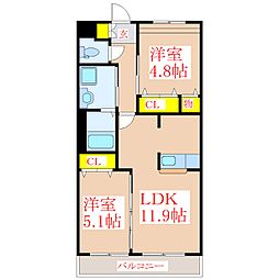 グレイスヴィラ広瀬B棟 2LDKの間取図画像