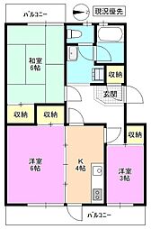 サンフラワーコーポ1号棟 3Kの間取図画像