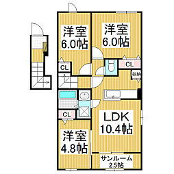 ヒルズポローニアＢ 2階3LDKの間取り