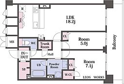 スプランディッド本町東DUE 18階2LDKの間取り