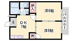 タウニーSA棟 2DKの間取図画像