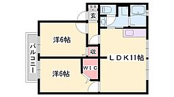 リヴェール大村B棟 2LDKの間取図画像