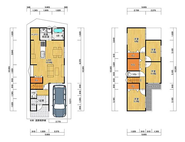 建物プラン例建物価格2100万円、建物面積98.55m2