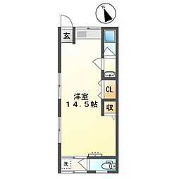フリーガーデン 2階ワンルームの間取り