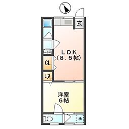フリーガーデン 2階1LDKの間取り