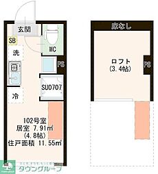JR総武線 平井駅 徒歩8分の賃貸アパート 1階ワンルームの間取り
