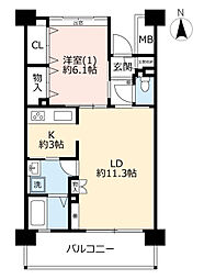 UR都市機構アートヒル高根台17号棟 1LDKの間取図画像