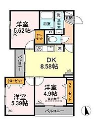 西武新宿線 下落合駅 徒歩7分の賃貸アパート 2階3DKの間取り