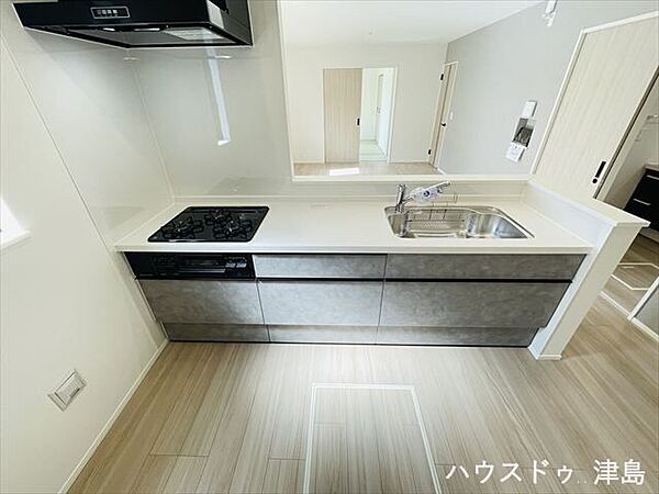使いやすいスライド収納。浄水器内蔵水栓やステンレスシンクに人造大理石のワークトップなど機能的。