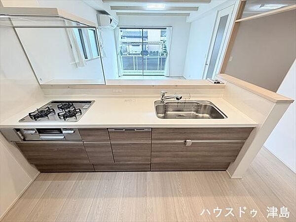 便利な食洗機完備。収納量充実、使い勝手と清掃性にもこだわったオリジナルシステムキッチン。窓が付いているから心地よい自然光を感じながら家事ができます。