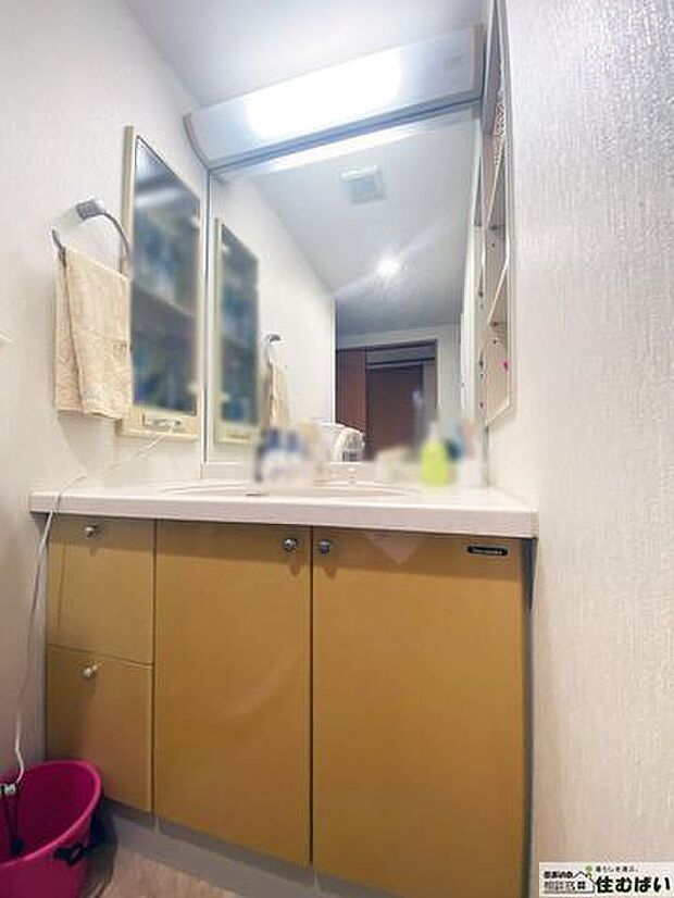 広くて見やすい大きな鏡で朝の支度も楽々♪下部収納には洗剤やシャンプー等のストックも保管出来ます！